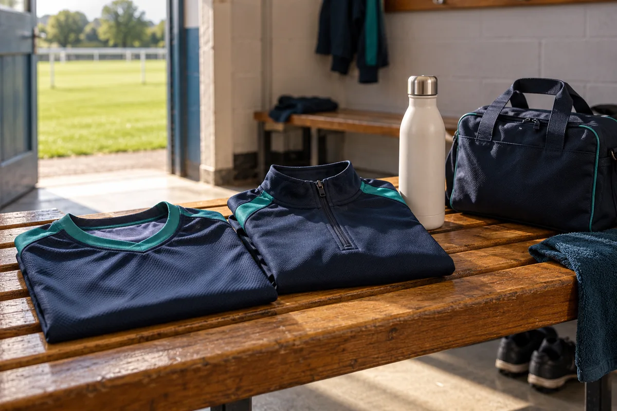 Illustrative indigo and teal club kit arranged on a clubhouse bench