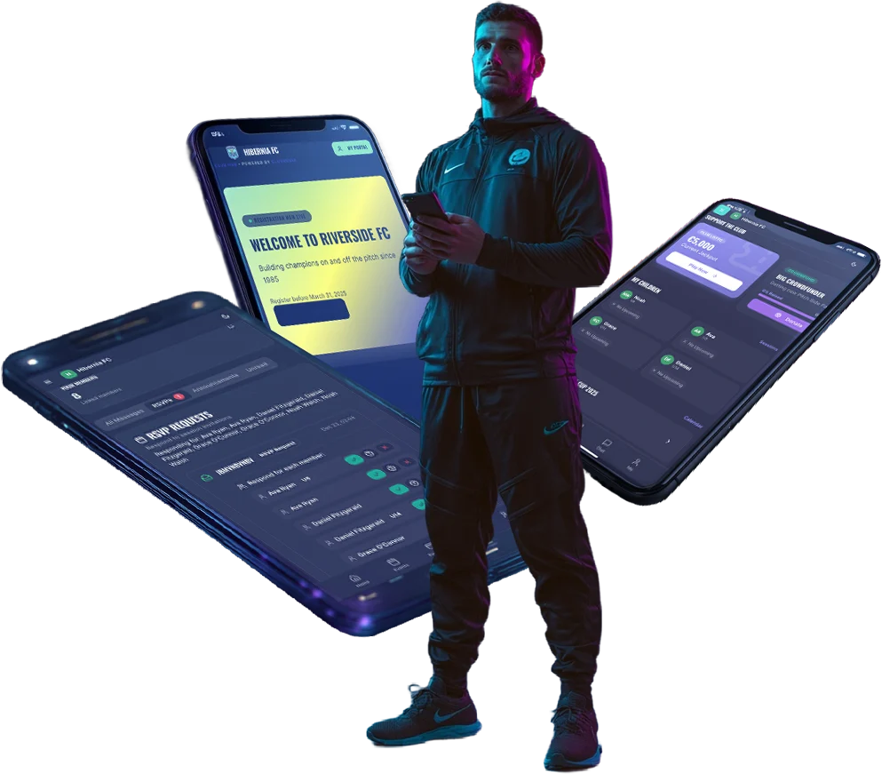 Clubrovia platform illustration showing a coach alongside club membership, team and payment screens