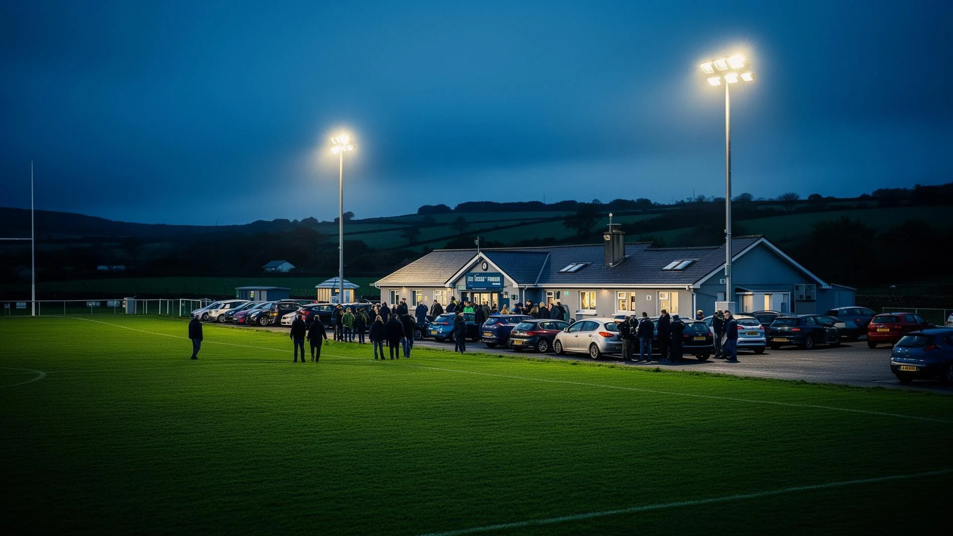 Rural Irish GAA clubhouse at dusk