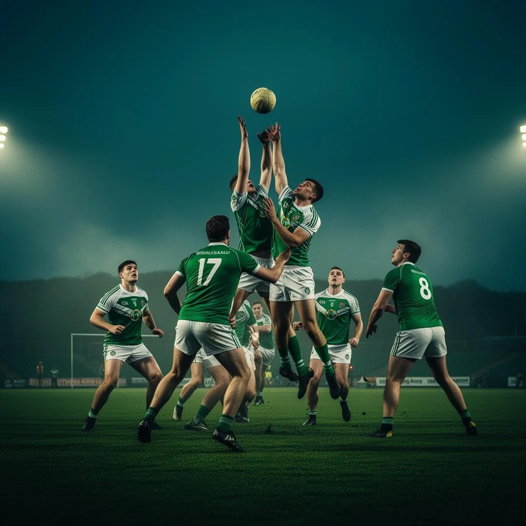 Gaelic football players competing under floodlights