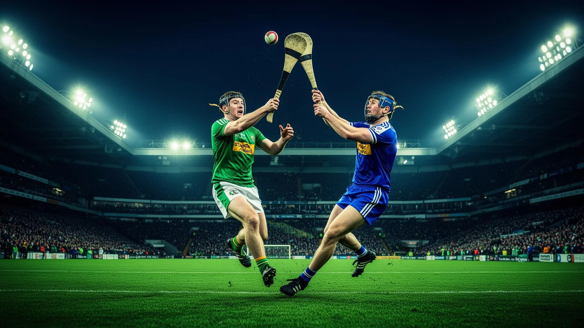 Two hurlers contesting a sliotar in mid-air