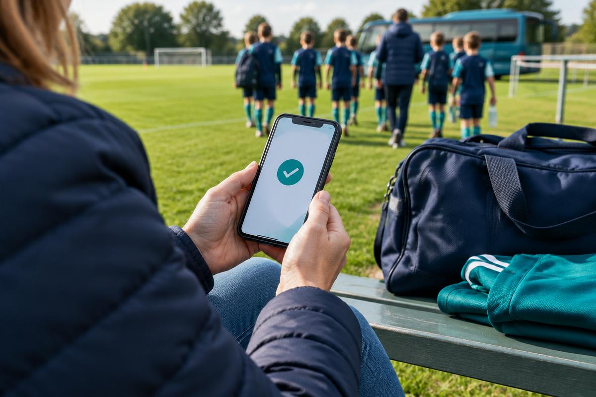 A parent completing an away-trip payment beside a sports pitch